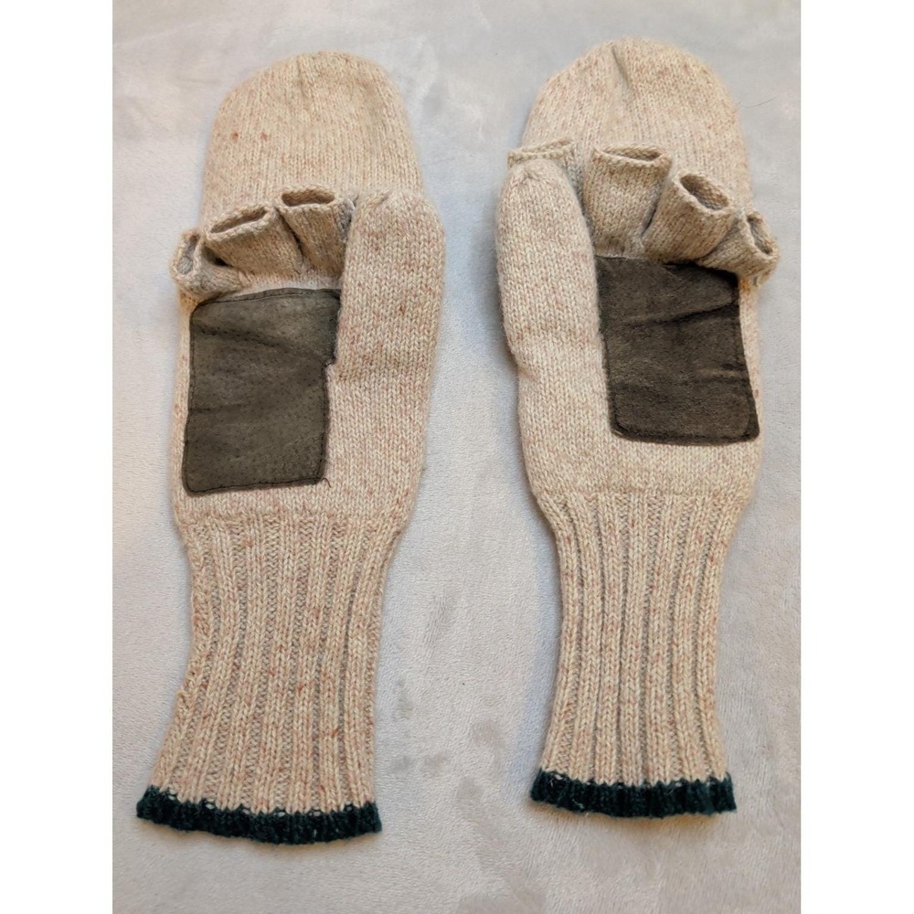 Vintage Thinsulate Flip Mittens Wool Leather Palm Fingerless Gloves Tan